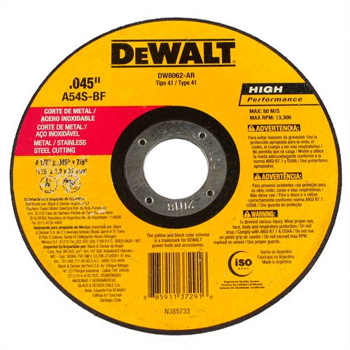 Disco Abrasivo Corte Fino Metal / Inox Dewalt DW8062 4 1/2" x 1,0mm x 7/8"