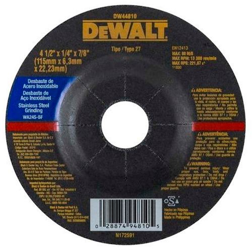 Disco de Desbaste para Inox Dewalt DW44810 4 1/2"X6,3MMX7/8"