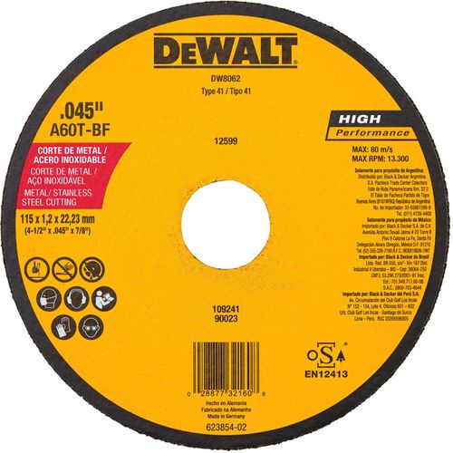 Disco de Corte para Inox e Metal 4.1/2"x1,2mmx7/8" Dewalt DW8062-AR