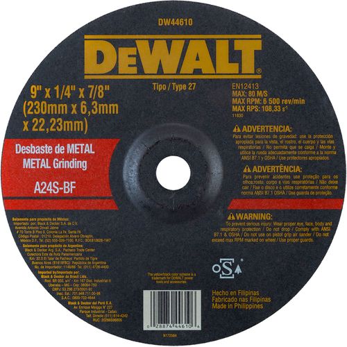 Disco de Desbaste Metal 9''x6,3mmx7/8'' Dewalt DW44610