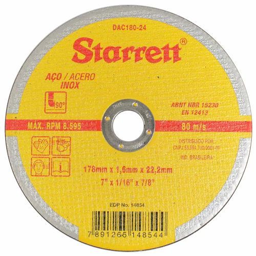 Disco De Corte Para Aço Carbono E Inox 180 X 22,23mm Starrett DAC180-24