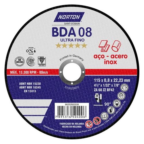 Disco De Corte Com Depressão Central 115x22,23mm Norton BDA08 66252920338