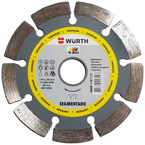 Disco De Corte Diamantado W-Max Segmentado 110mm Wurth 0668110112