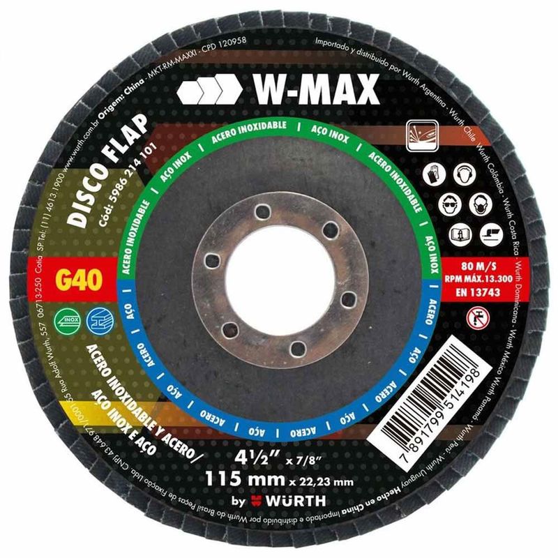 Disco-Flap-Para-Inox-W-Max-115mm-GR40-12-Pecas-Wurth-0578000040-12-ANT-Ferramentas