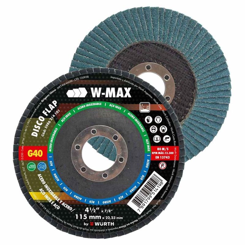 Disco-Flap-Para-Inox-W-Max-115mm-GR40-12-Pecas-Wurth-0578000040-12-ANT-Ferramentas