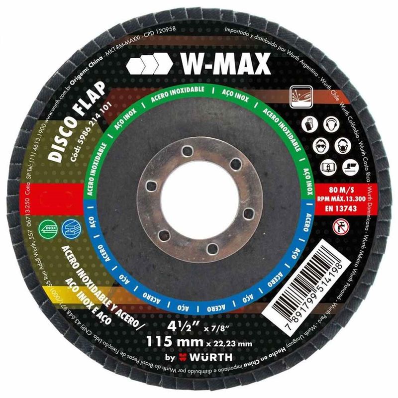 Disco-Flap-Para-Inox-W-Max-115mm-GR80-6-Pecas-Wurth-0578000080-6-ANT-Ferramentas