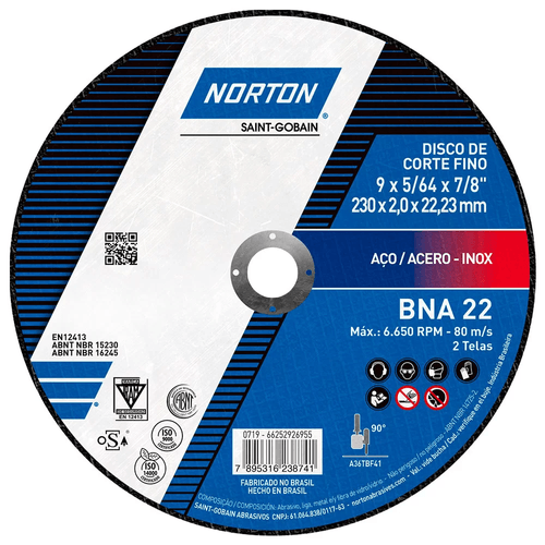 Disco de Corte Norton Inoxidável 230x2,0x22,23 BNA22