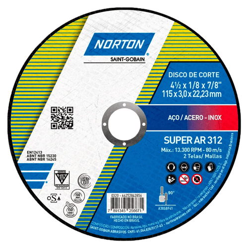 Disco de Corte p/ Aço 4.1/2'' Norton 115,0x3,0x22,22mm - AR312