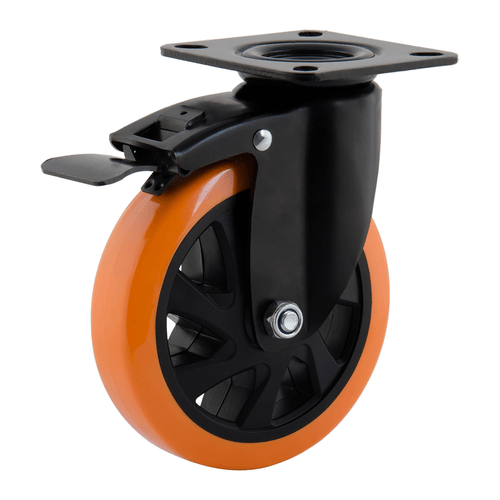 Rodízio Giratório c/ Placa e Freio Série 14 Black Roda Laranja 4" Colson 4805